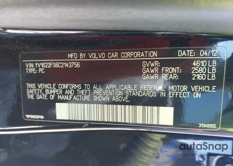 2012 Volvo S60 T5 z USA, uszkodzony, nr VIN YV1622FS6C2143756